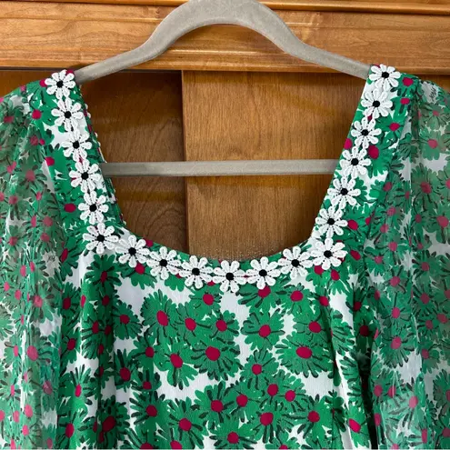 HVN Matilda Appliqued Floral Print Voile Silk Chiffon Midi Dress Green Size 6