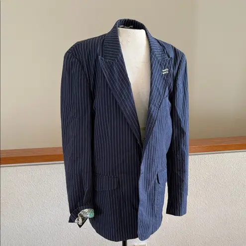 Navy Pinstripe Blazer with yellow linen blend size large Blue