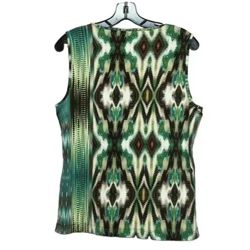 Kasper  Women's Sleeveless Keyhole Tank Top Green Ikat Print Size L