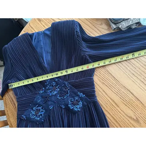 Vintage Navy Blue Pleated Long Sleeve Midi Dress Beaded Waist & V