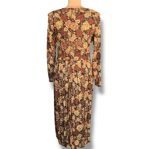 Vintage 90s Brown Dark Floral Long Sleeve Rayon Maxi Dress 10 Autumn Romantic