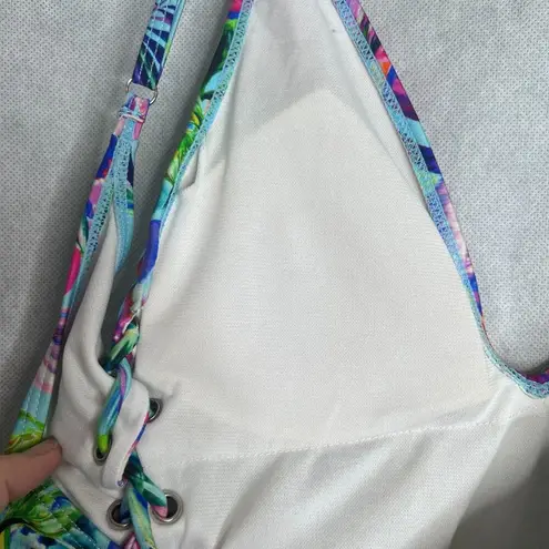 Stylish Swimwear Triangle Top Tie Side Tropical Pattern Deep V Swimsuit Sz LG Blue