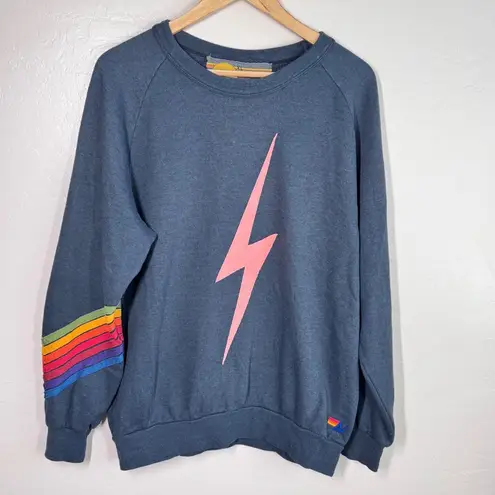 Aviator Nation Rare 7-Stripe Bolt Crew XL Gray Pink Bolt Rainbow Sleeve USA 70s