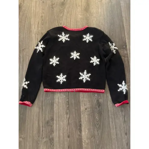 Vintage Paul Harris Design Black Snowflake Zip Up Cardigan Sweater Women Size S