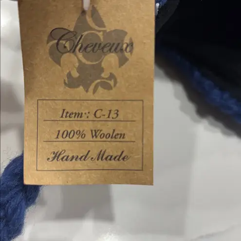 Cheveux Blue and Green Knit Winter Hat 100% wool exterior ,100%polyester lining.