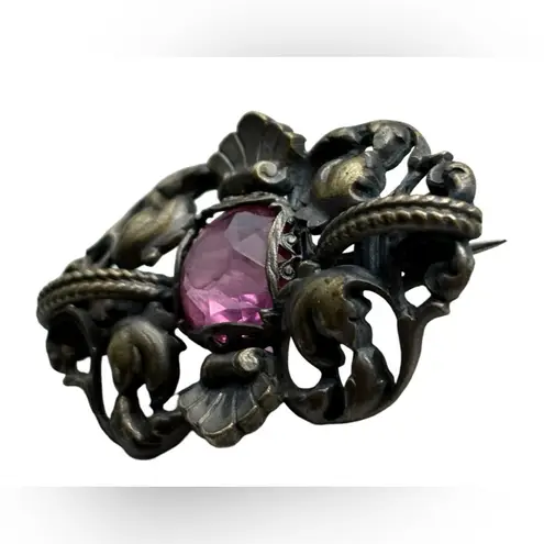 Antique Victorian Paste Brooch Gothic Revival Dark Patina Metal Pink