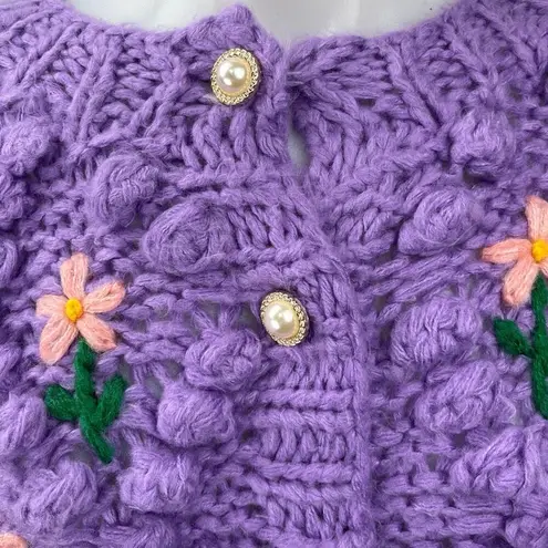 Chicwish Purple Floral Crochet Knit Peasant 3D Button Up Cardigan Sweater Top S