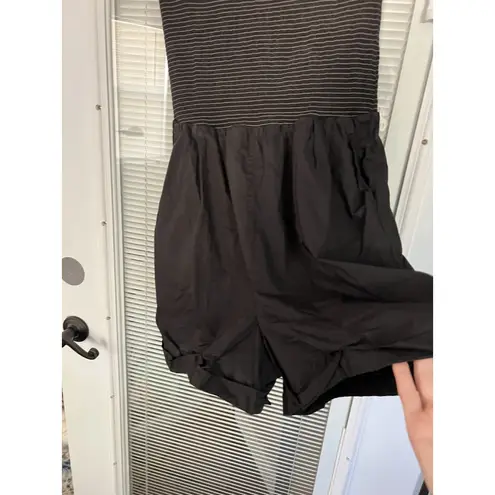 Nation Ltd Smocked Stripe Blondie Cotton Poplin Halter Romper | Black | Medium