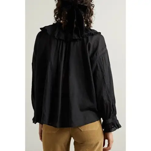 NWT DOEN Joliette Top in Black Sheer Lightweight Cotton Ruffle Collar Blouse L Size L