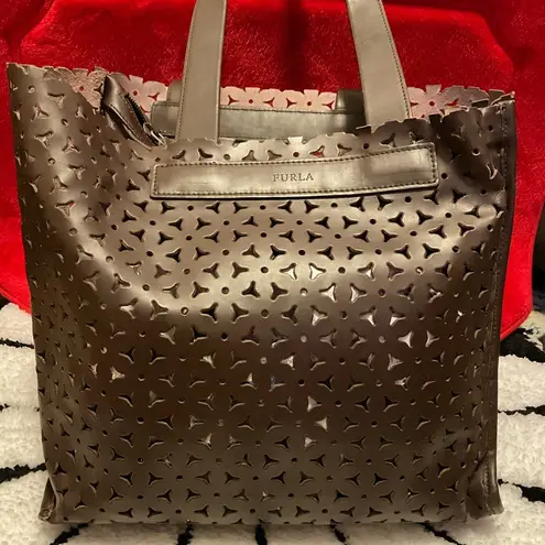 Furla Vintage Classic Brown Leather Perforated Shoulder Handbag