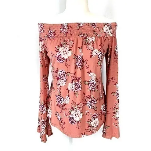 Ultra Flirt NEW Coral Floral Off Shoulder Peasant Sleeve Blouse Top Size M