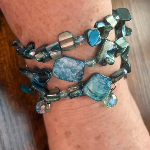 Aqua Teal Blue Shell & Bead Stretch Bracelet Set 3pcs
