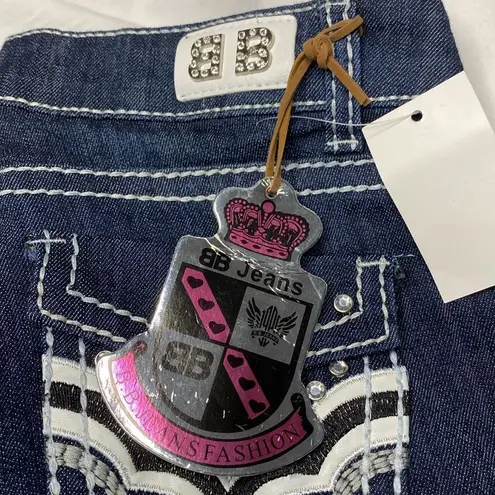 BB Jeans Embellished Dark Wash Denim Rhinestone Pocket Straight Leg Jeans Size 7 Silver