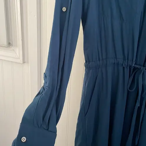 Lou & grey  blue button up roll tab sleeve cinch waist shirt dress pockets XS