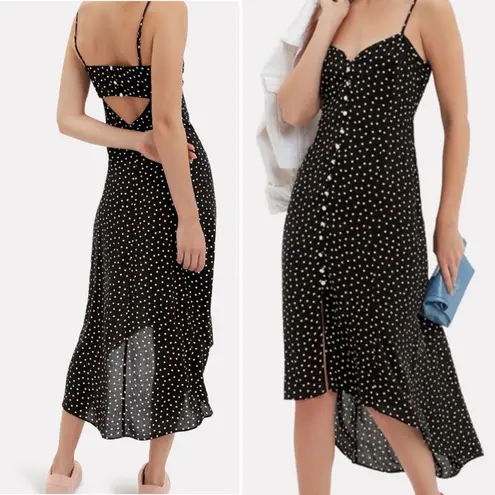 Intermix Linette Black Polka Dot Midi Dress Size 2 Spaghetti Strap Button Front