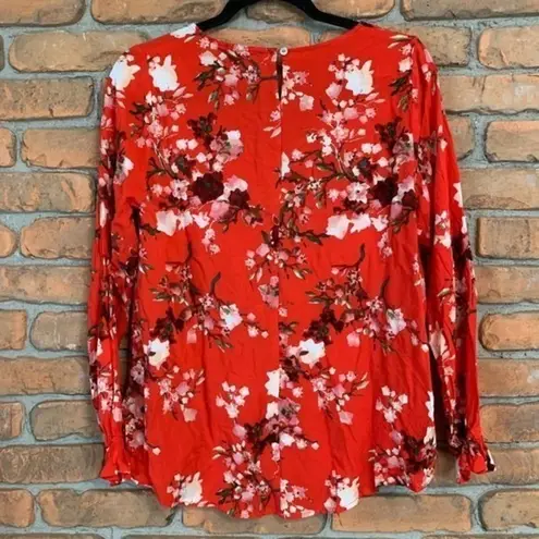 Staccato Women's Floral Print Long Sleeve V-Neck Blouse Top Red Pink - Size S
