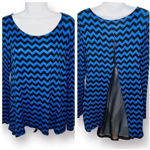 Shanley Chevron Mesh Back Casual Long Sleeve Top Hi Lo Hem Royal Blue Black M Size M