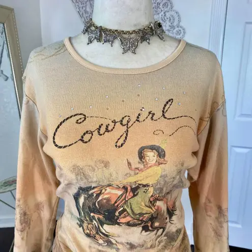 Vintage Tan Brown Early 2000's Western Cowboy Graphic Print Long Sleeve Top L Size L