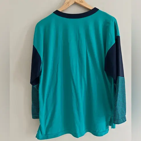 Vintage 90's teal colorblock striped crewneck relaxed fit tee Blue