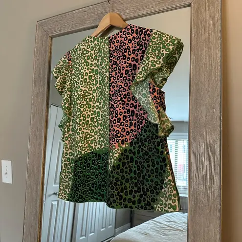 Derek Lam  10 Crosby Green And Pink Cheetah Print Ruffle Blouse Size 4 Small