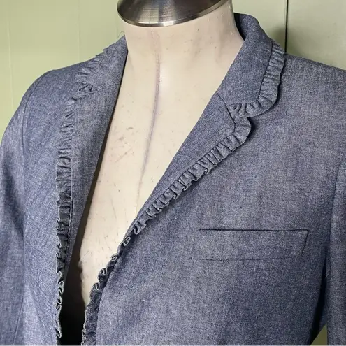 J.Crew  Regent Blazer Jacket Chambray Denim Ruffles‎ Academia Career Office Sz 0