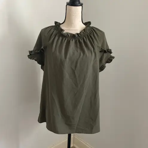 Como vintage Olive Green Ruffle Trim Top Bow Tie Neck Blouse Medium