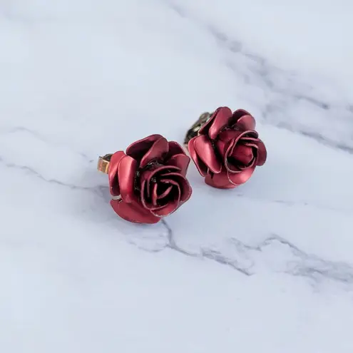 Vintage Clip On Earrings Red Rose