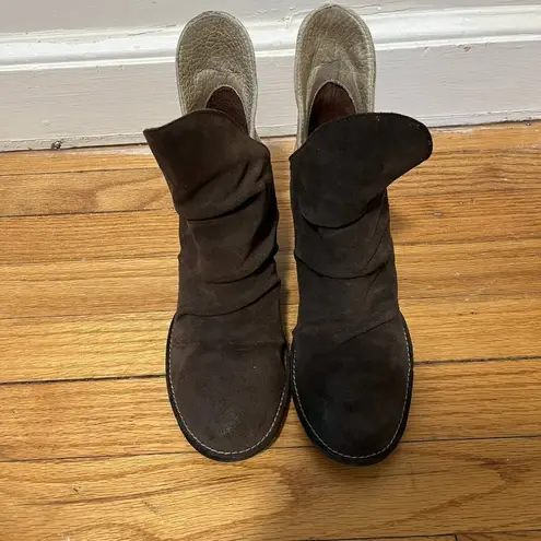 Free People  Brown Suede Cutout Heeled Booties with Cream Leather Back Block Heel