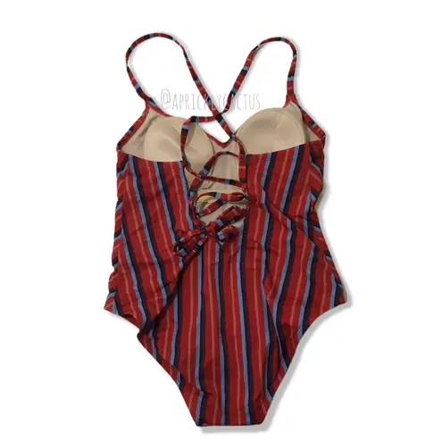 Kona Sol NWOT Red Blue Stripe Lace-Up Back Crisscross One Piece Swimsuit New