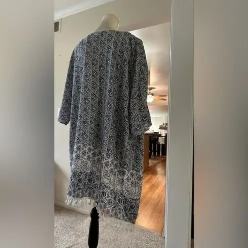 Women’s Swim Cover Geometric Print Fringed Hem Beach VacationBlue White Size 18 Blue