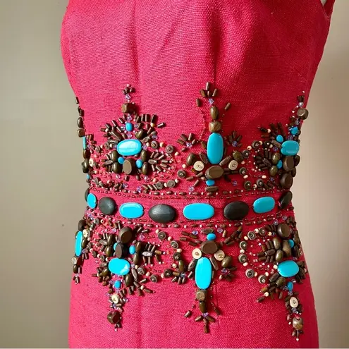 Chetta B | Vintage Fuchsia Silk Tweed Turquoise Beaded Sheath Dress Sz 2