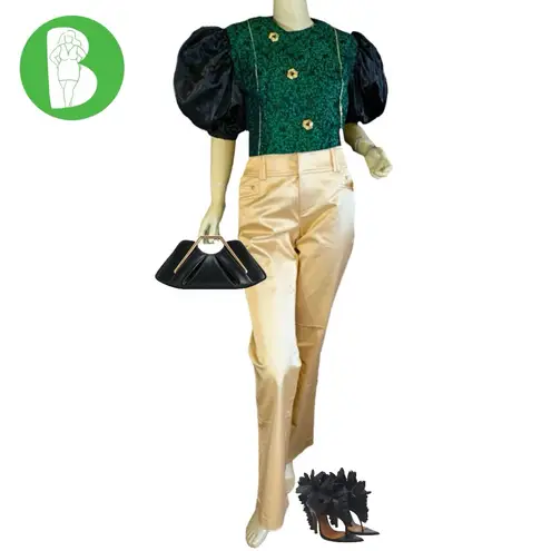 HANDMADE AVANT GARDE GREEN AND BLACK PUFFED SLEEVE BLOUSE (M) Size M