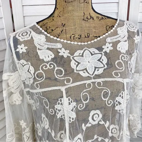 En Crème Boho Sheer Embroidery Lace Pullover Blouse Cream Medium
