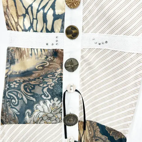 Vitrin Design Womens Artsy Boho Patchwork Embellished Button Front Blouse Size L White