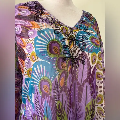 Zury Sheer Multicolored Peacock Print Sequined V