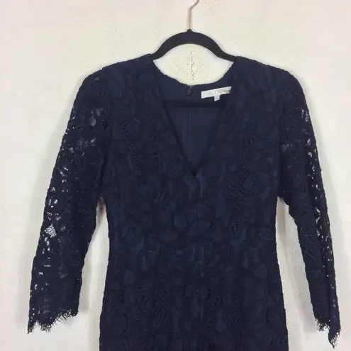 Alexis  Nadege Navy Crochet Lace 3/4-Sleeve V-Neck Midi Mermaid Dress Small Party