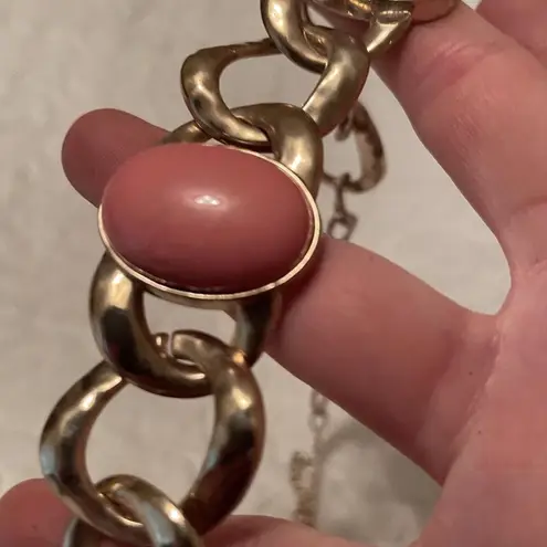 New York And Company Signed NY Gold Tone / Pink Costume Necklace Adjustable Length