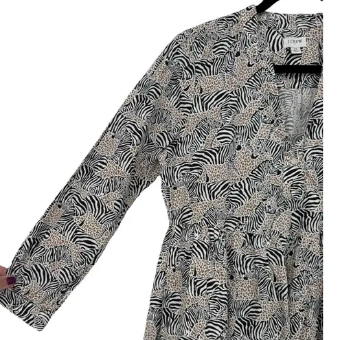 J.Crew Animal Print Novelty Zebra Leopard Long Sleeve Tiered Mini Dress Size XS Black