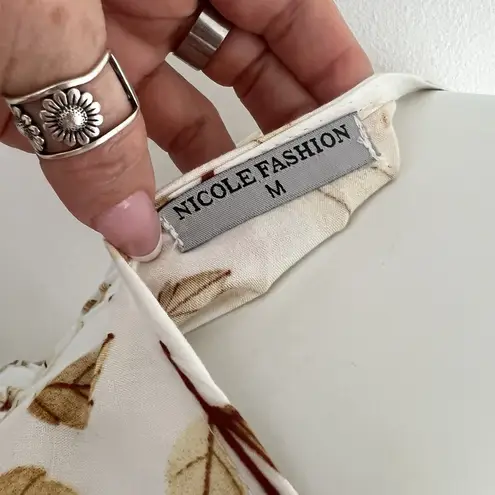 Boho Autumn Leaf Print Midi Dress Fall Outfit MEDIUM Beige Split Sides NWOT Tan