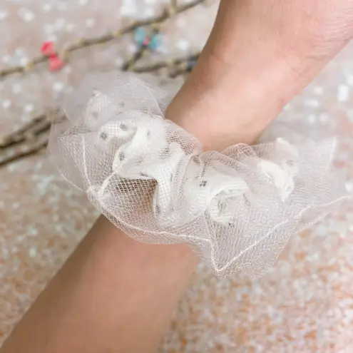 White And Silver Metallic Squares Studs Double Layered Tutu Scrunchie