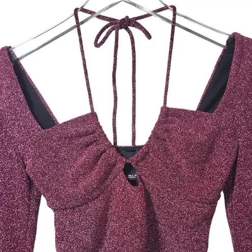 Bershka Halter Neck Tie Long Sleeve Cropped Sparkly Top in Purple/Black