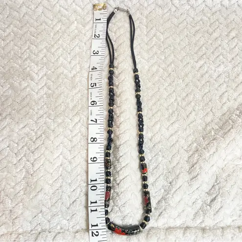 Vintage Black Floral Ceramic Bead Cord Necklace Witchy Goth Romantic