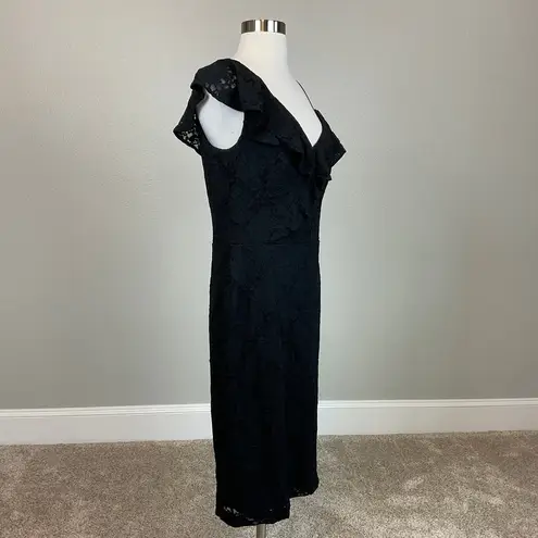 Ralph Lauren Women's Cocktail Dress Size 16 Black Lace Sleeveless Ruffled Sheath