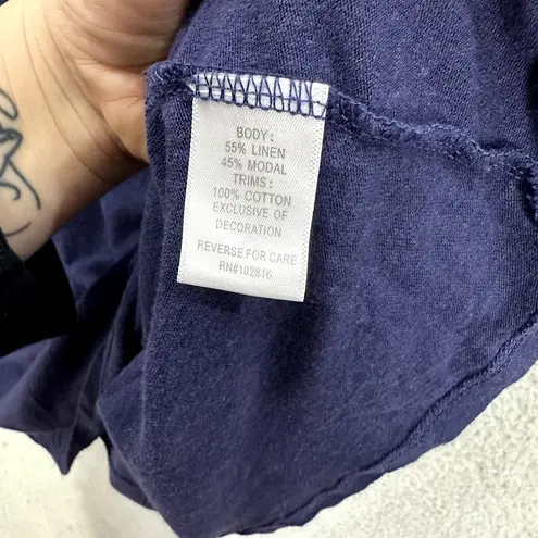 Garnet Hill Top Womens Small Blue 3/4 Sleeve Crochet Lace Accent Linen Cotton