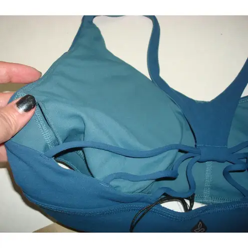 NWT Womens PrAna Yoga Dark Aqua Strappy Top Bra New Momento L Blue Atlantic UPF Size L
