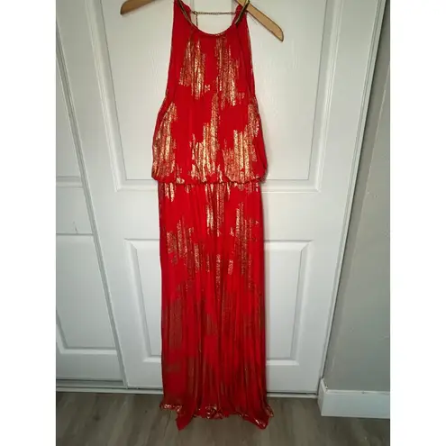 MSK Red Metallic Gold Pleated Halter Maxi Dress Women's 14 Formal Evening Gown