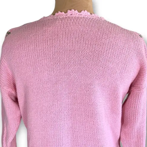 Vintage 90s Embroidered Floral Sweater Pink Scalloped Neck Cottage Flower Knit Size M