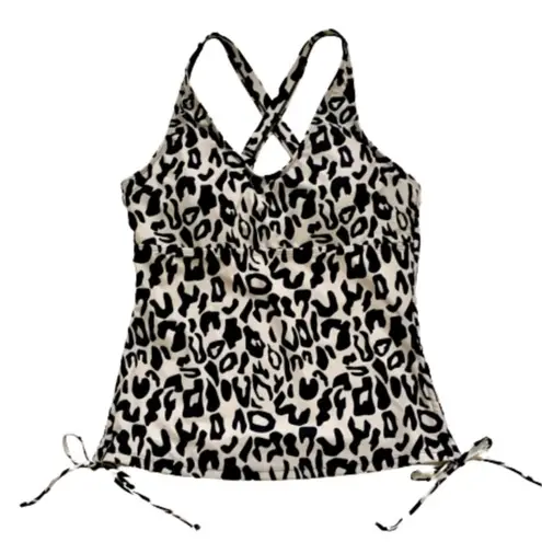 Esprlia Tankini Animal Print Black Cream Crisscross Straps Side Tie Swim Medium