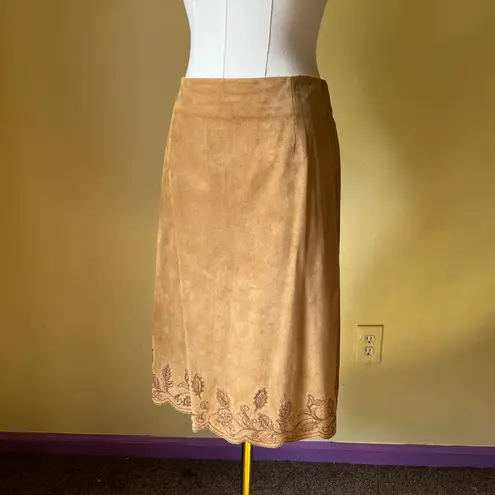 Lord & Taylor Tan Suede Leather Skirt Embroidered Hem Lined Midi Women's Size 10 Brown