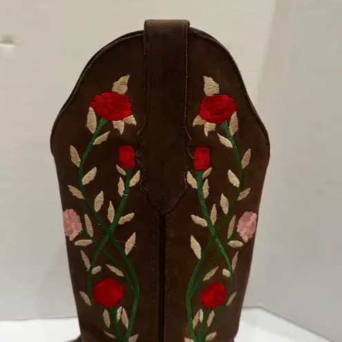 Valeria Boots Brown Square Toe Embroidered Rose Cowboy Western Boots Size 7